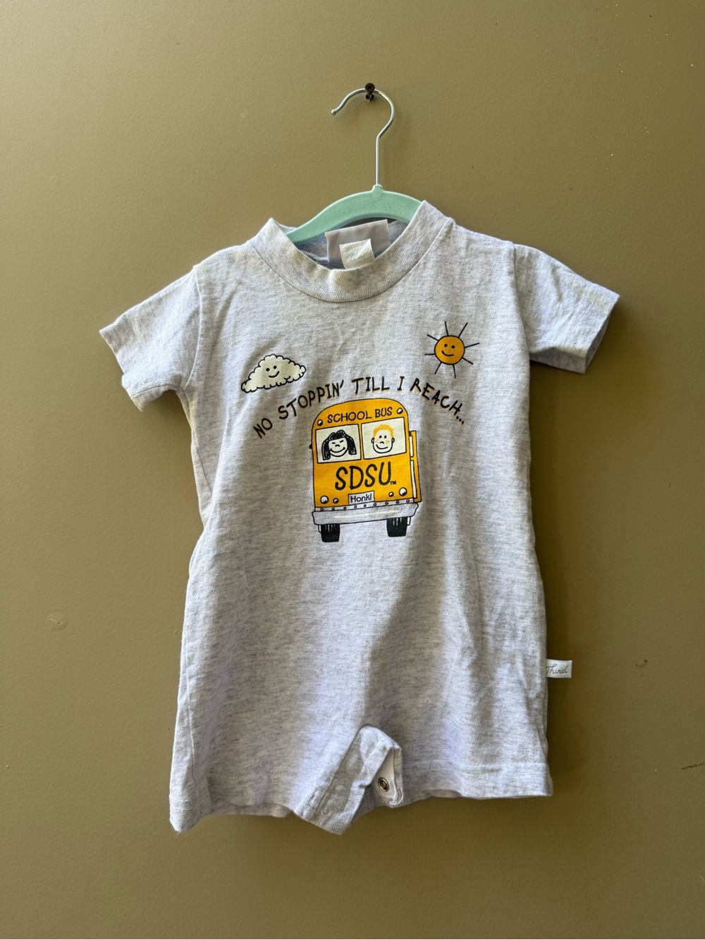 90s SDSU Gray Baby Romper with Yellow School Bus Graphic